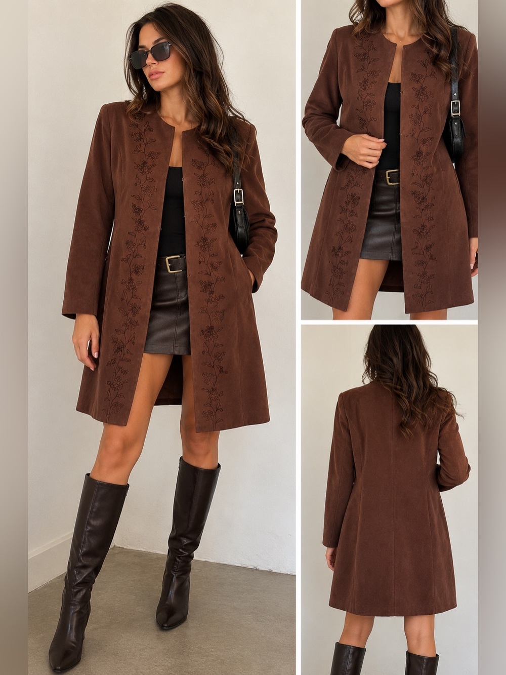 Vintage Bandolino Chocolate Brown Embroidered Long Coat - Lg